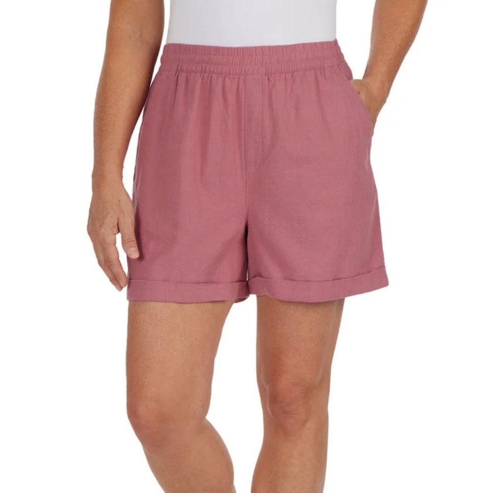 Frank And Oak Linen Blend Shorts Pink Cuffed Elastic Waist Relaxed Fits Medium